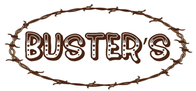 a logo with a ring covered in spikes with the words buster's in the middle of it